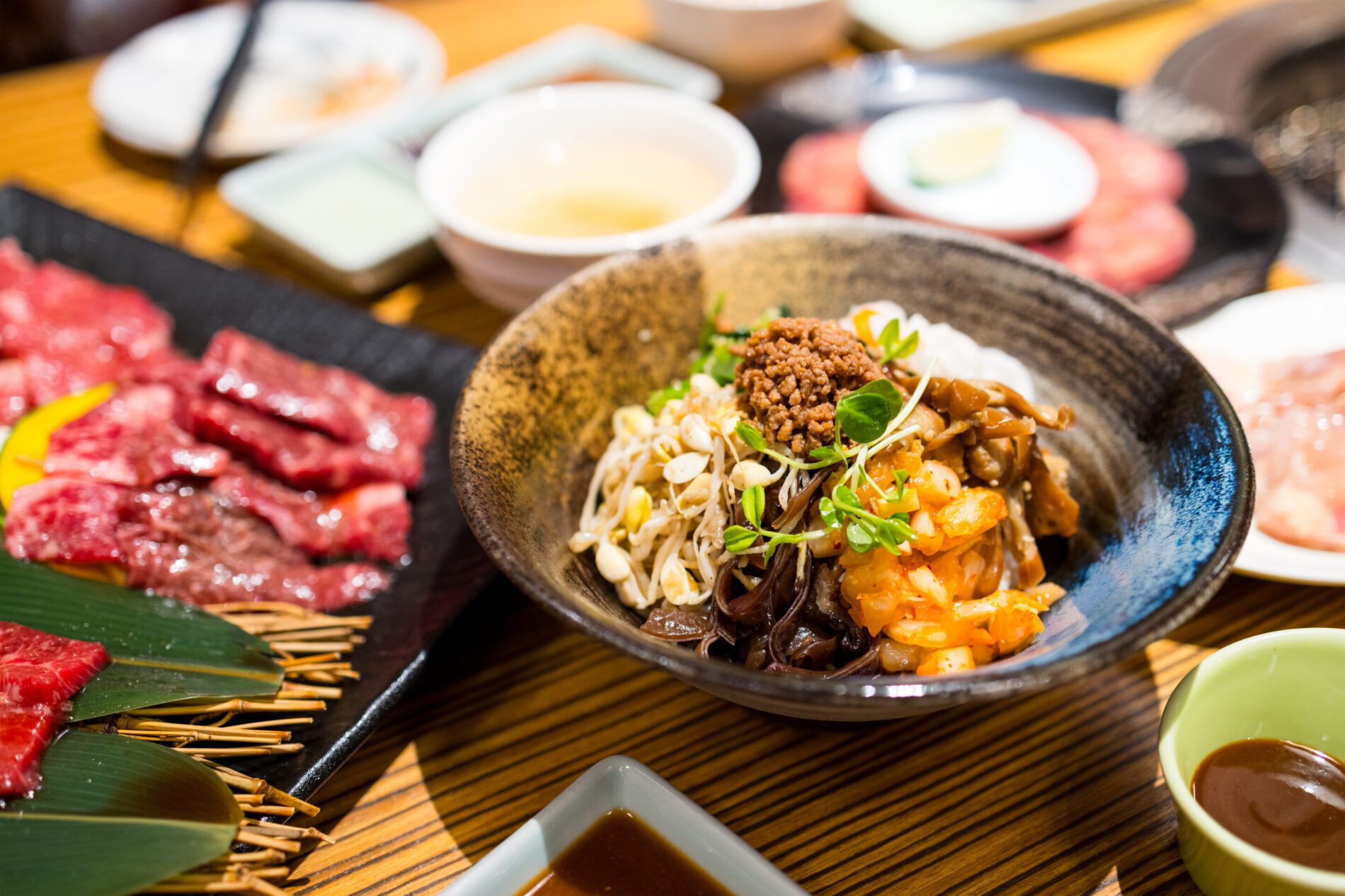 Korean kimchi with bean sprout in the rice bowl Korean restaurant